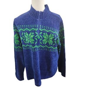 Quaker Factory Women's Blue Green Snowflake Chenille‎ Quarter Zip Sweater Size L